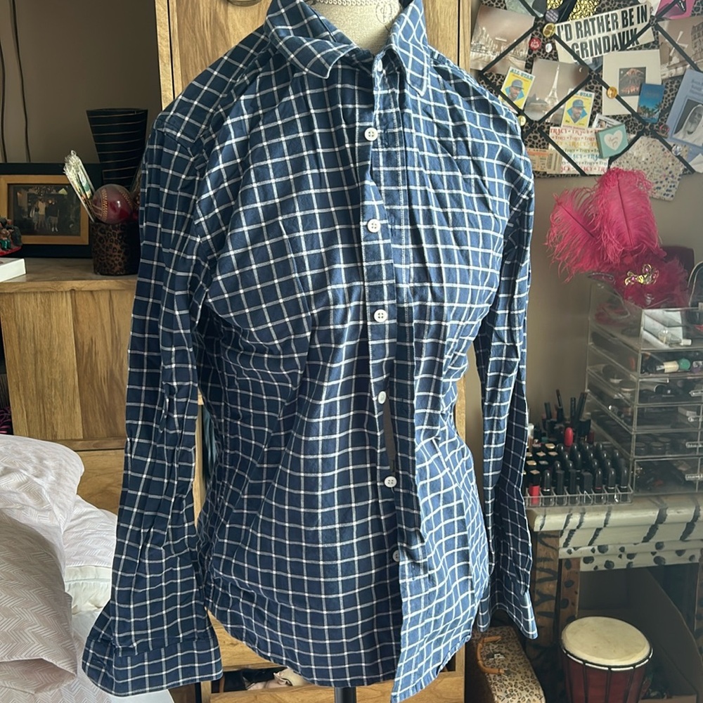 Hyden Yoo Navy Plaid Button Down Shirt - Medium